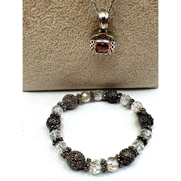 Vintage Silver & Crystal Beaded Bracelet With Pink Stone Pendant Necklace Set. - Picture 2 of 16